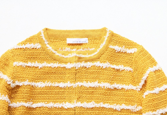 【看起來整潔但無壓力！ ] 亞麻珠地針織開襟衫（黃色） 第6張的照片