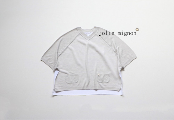 [售罄]布料組合法國亞麻V領短袖針織套衫（淺灰色）[日本製造] [免費送貨] 第2張的照片