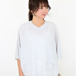 [售罄]布料組合法國亞麻V領短袖針織套衫（淺灰色）[日本製造] [免費送貨] 第3張的照片