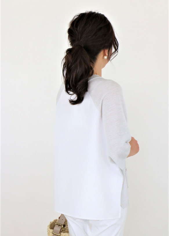 [售罄]布料組合法國亞麻V領短袖針織套衫（淺灰色）[日本製造] [免費送貨] 第4張的照片