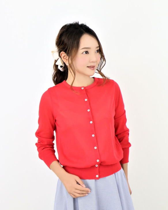 [建議防紫外線◎]日本紙×聚酯纖維輕量針織開襟衫[紅色] 第2張的照片