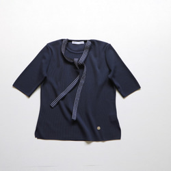 [售罄！ ] 彈力開衩短袖套頭衫和可拆卸緞帶 [海軍藍] [日本製造] [免運費] 第3張的照片
