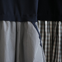 [售罄]方格布式格子塔夫綢短袖對接連衣裙[海軍x白色] 第10張的照片