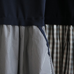 [售罄]方格布式塔夫綢短袖對接連衣裙[黑色x米色] 第10張的照片