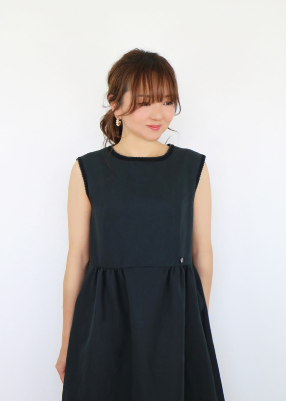 【38號售罄】【Jolly Mignon】棉麻皮科特連衣裙【黑色】 第2張的照片
