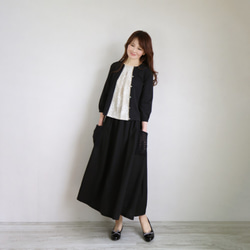 售罄！ [Jolie Mignon Relax]亞麻青年布鏤空口袋長裙[黑色] 第6張的照片