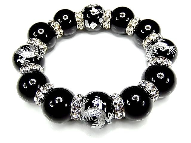 超大18mm手彫り飛龍乗雲オニキス銀箔高級ロンデル数珠天然石ブレスレット