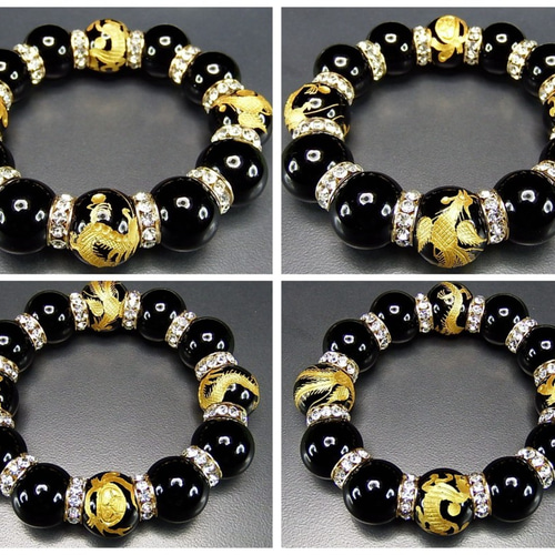 超迫力金箔四神18mmオニキス手彫高級ロンデル天然石数珠