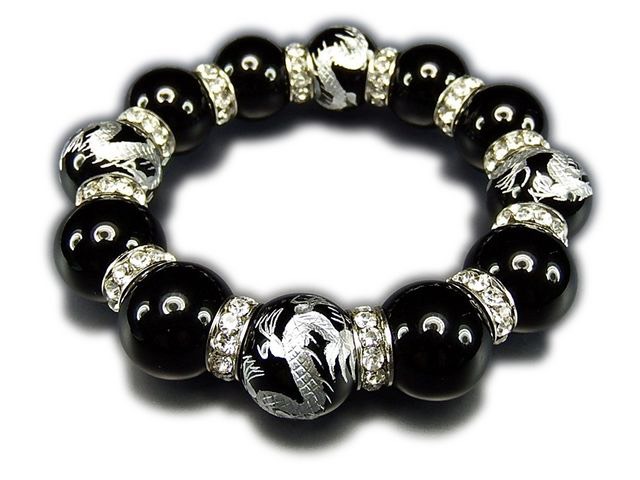 天然石超太18ミリオニキス皇帝龍手彫り銀箔高級ロンデルブレスレット