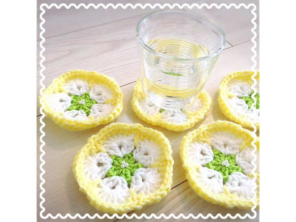 お花コースター(黄×白×黄緑)5枚セット 1枚目の画像