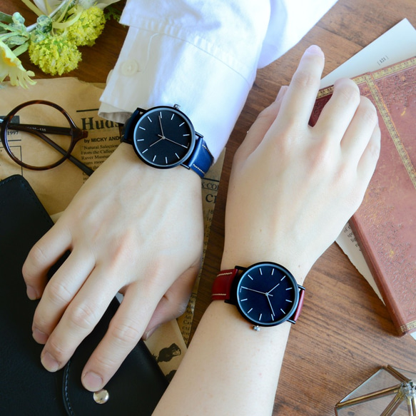 防水本革のベルト～ ペアウォッチ シンプル 腕時計 ブルー&レッド
