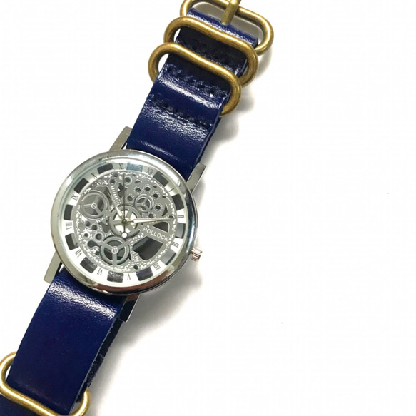 【刻印可能】レザーウォッチ　シルバー× ブルー　 腕時計 メンズ レディース 1枚目の画像