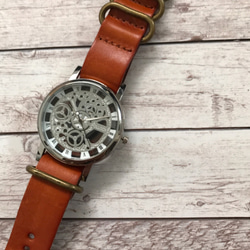 【刻印可能】レザーウォッチ　シルバー×オレンジ　 腕時計 メンズ レディース　 1枚目の画像