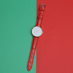 シンプル 腕時計 メンズ レディース 兼用 レッド　型押しレザー　 1枚目の画像