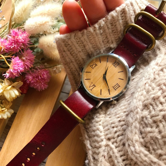 【温かみ溢れる木製腕時計】本革が肌に馴染む レザーペアウォッチ　 クリスマス プレゼントにも♪ 5枚目の画像