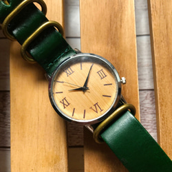 【温かみ溢れる木製腕時計】本革が肌に馴染む レザーウォッチ グリーン  腕時計  クリスマス プレゼントにも♪ 2枚目の画像