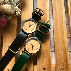 【温かみ溢れる木製腕時計】本革が肌に馴染む レザーウォッチ グリーン  腕時計  クリスマス プレゼントにも♪ 4枚目の画像