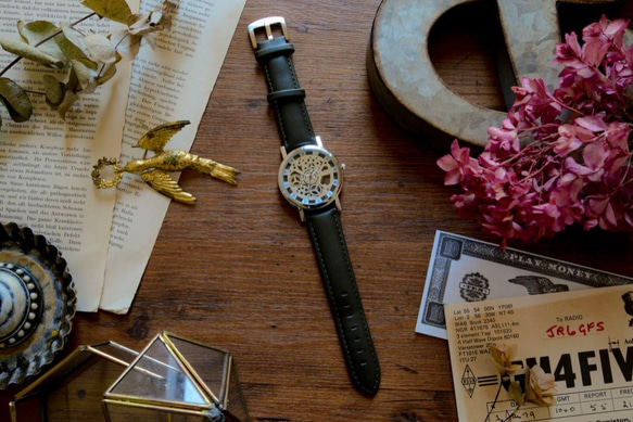スケルトン 腕時計 メンズ レディース 兼用 　カーキ&ゴールド　 2枚目の画像