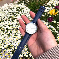 不選擇現場的設計簡單手錶男士女士海軍藍縫製皮帶母親節禮物♪ 第2張的照片