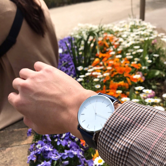 不選擇現場的設計簡單手錶男士女士海軍藍縫製皮帶母親節禮物♪ 第3張的照片