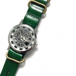 【刻印可能】レザーウォッチ　シルバー× グリーン　 腕時計 メンズ レディース 1枚目の画像