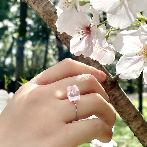 [特色] 櫻花色戒指、氧化鋯、簡單樹脂、銀色、禮物、生日禮物、婚禮 第2張的照片