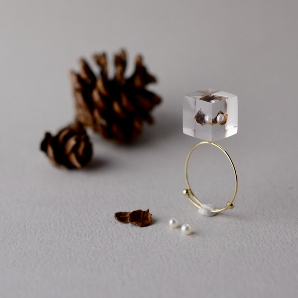 [特色]淡水珍珠和鐵杉籽線圈戒指金色樹脂生日禮物大號聖誕節 第2張的照片