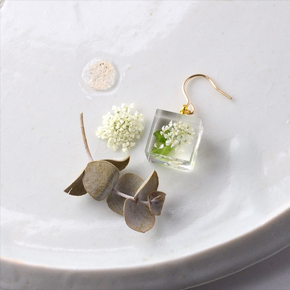 蕾絲花形繡球花和氧化鋯單隻耳環 14kgf 白色禮物生日禮物禮品包裝 第1張的照片