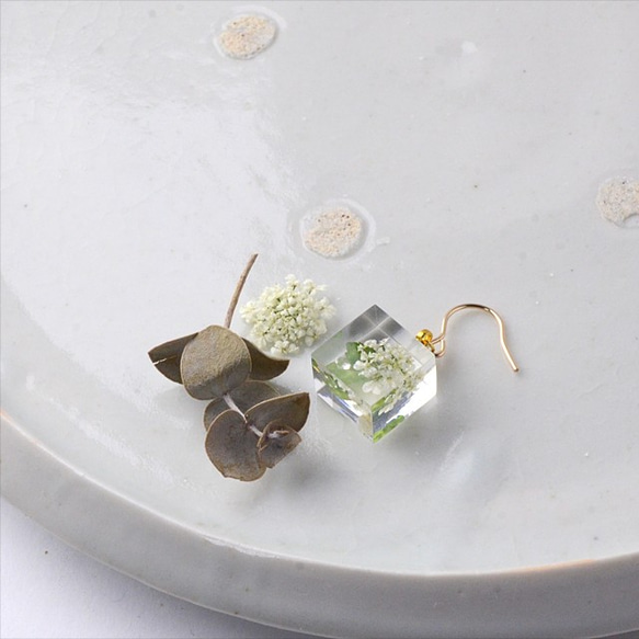 蕾絲花形繡球花和氧化鋯單隻耳環 14kgf 白色禮物生日禮物禮品包裝 第2張的照片