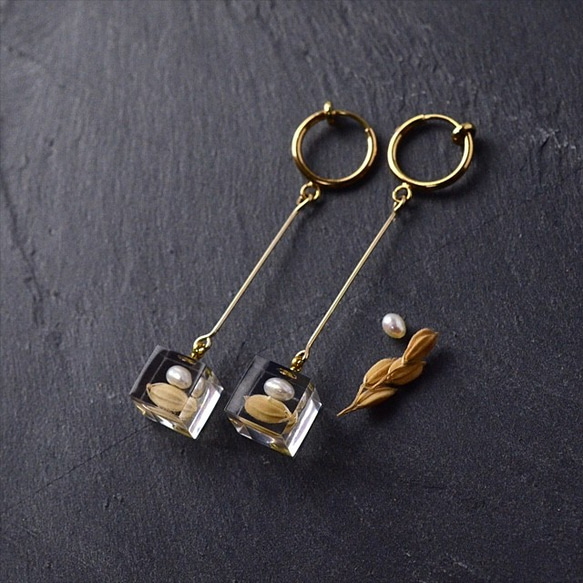 珍珠米長耳環（透明，淡水珍珠，樹脂，免費送貨） 第2張的照片