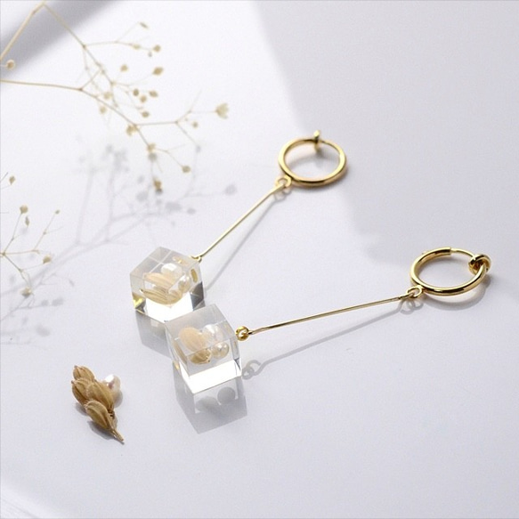 珍珠米長耳環（透明，淡水珍珠，樹脂，免費送貨） 第1張的照片