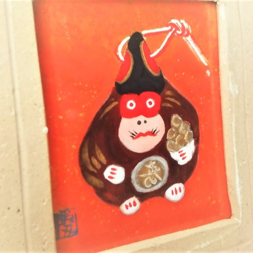 起土人形・寿猿」 日本画【陶器の額縁入り】 絵画 ギャルリ 起土人形・寿猿」 日本画【陶器の額縁入り】 絵画 ギャルリ