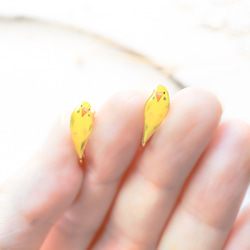 手繪豐滿手騎鳥虎皮鸚鵡黃色耳環【鈦耳環可用】 第2張的照片