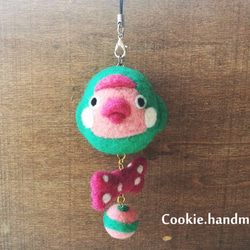 粉綠領結囧鳥 羊毛氈鑰匙鏈/ 手機鏈 第2張的照片