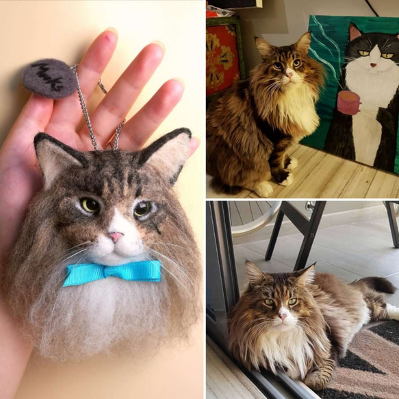 手作りのウールを植えた猫の肖像画の肖像画「猫の頭の肖像画」 - キーチェーンの装飾品を吊るしたカスタムペンダントの袋を地図にする 1枚目の画像