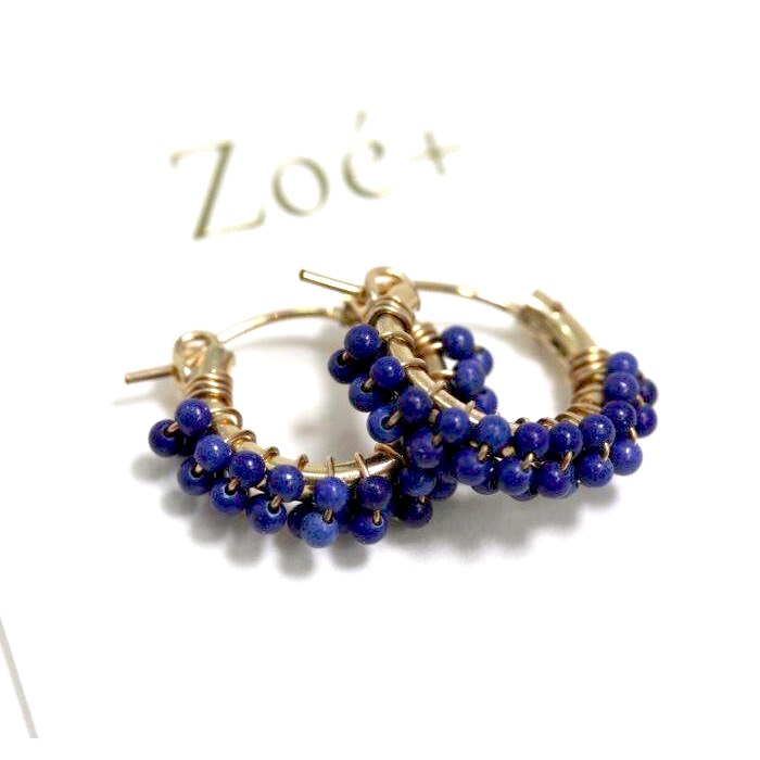 14K GOLD FILLED】P119 2mm天然石 ラピスラズリ フープピアス 14KGF Ω