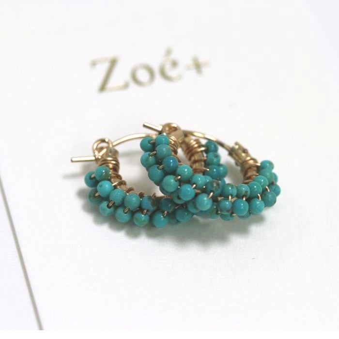 【14K GOLD FILLED】P121 2mm天然石 練ターコイズ フープピアス 14KGF
