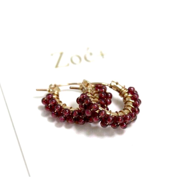 【14K GOLD FILLED】P122 2mm天然石 ガーネット フープピアス 14KGF