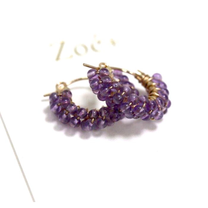 【14K GOLD FILLED】P123 2mm天然石 アメジスト フープピアス 14KGF