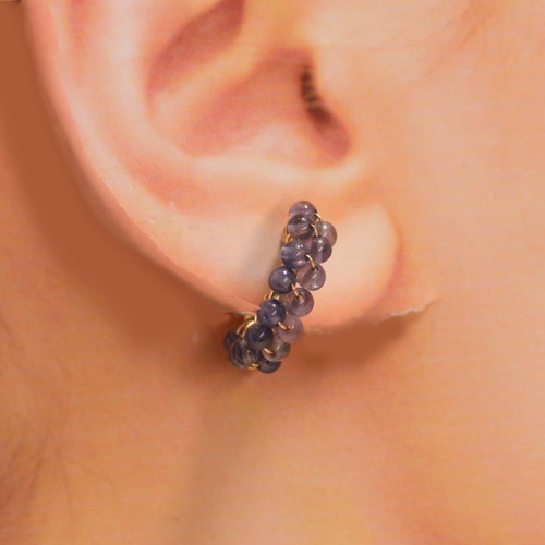 14K GOLD FILLED】P129 3mm天然石 アイオライト フープピアス 14KGF 