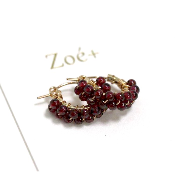 【14K GOLD FILLED】P130 3mm天然石 ガーネット フープピアス 14KGF