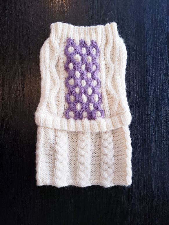 犬服♪2色使いのアラン模様の手編みワンピース エル・ウエーブの