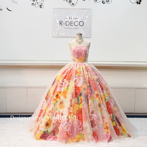 ウエディングドレス(パニエ無料) オレンジ花柄白チュールかけ 二次会