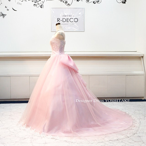 ウエディングドレス パステルピンクロングトレーン 披露宴