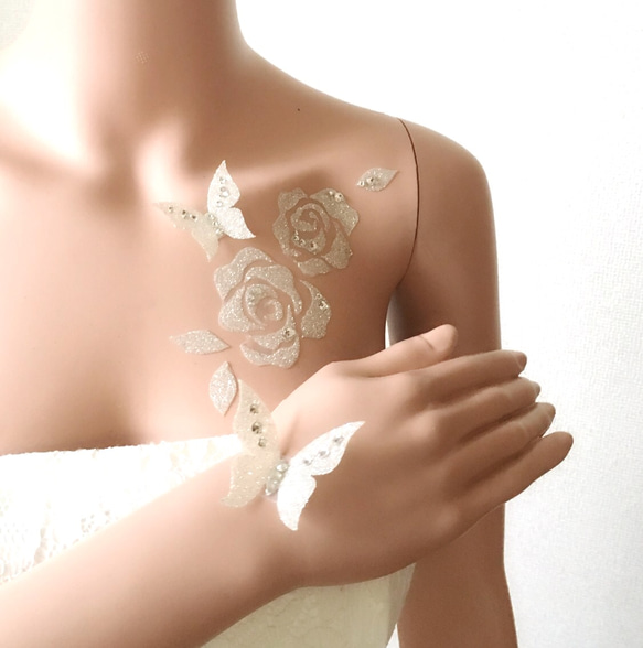 F200 玫瑰蝴蝶套裝*黏貼配件*婚紗*婚紗*孕婦身體飾品貼紙 第2張的照片