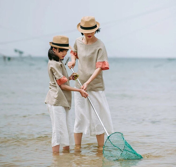 夏の福袋＊Linenフレア袖トップス・親子お揃い２点セット/子供110-150/大人S~L/BT-227 3枚目の画像