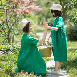 夏の福袋＊Linenチャイナカラーギャザーワンピース・親子お揃い２点セット/子供100-150/大人S~L 3枚目の画像