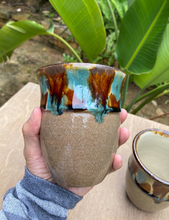 フリーカップ大　三彩紋　２個セット　タンブラー　カップ　陶器　エドメ陶房　やちむん 2枚目の画像