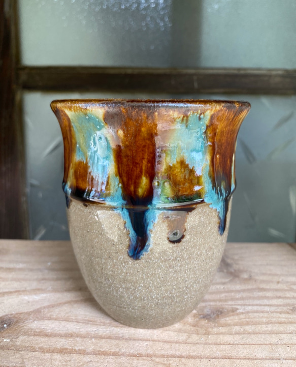 フリーカップ大　三彩紋　２個セット　タンブラー　カップ　陶器　エドメ陶房　やちむん 3枚目の画像