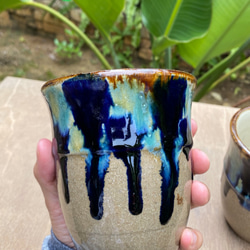 フリーカップ大　青三彩紋　２個セット　タンブラー　カップ　陶器　エドメ陶房　やちむん 2枚目の画像